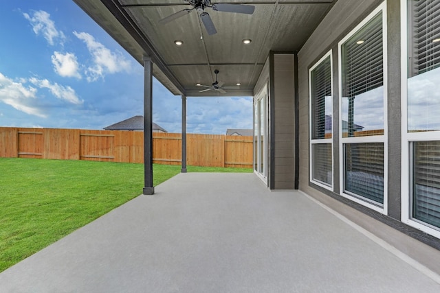 view of patio / terrace featuring a ceiling fan and a fenced backyard