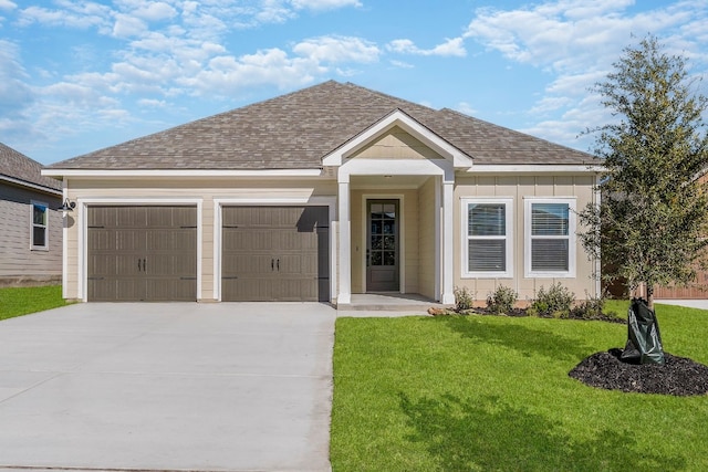 single story home with a shingled roof, board and batten siding, a garage, driveway, and a front lawn