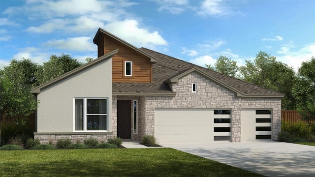 view of front of property featuring stucco siding, a front yard, a garage, stone siding, and driveway