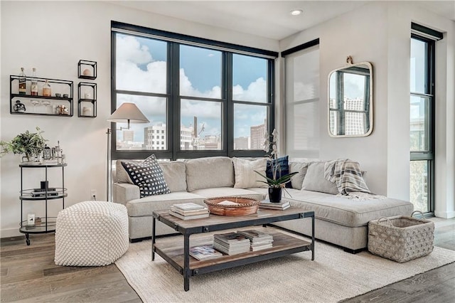 800 Embassy Dr Unit 319, Austin, TX 78702 - living room featuring wood finished floors, healthy amount of natural light, and recessed lighting