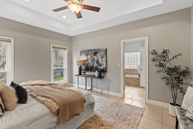 bedroom featuring baseboards, a ceiling fan, connected bathroom, light tile patterned flooring, and recessed lighting