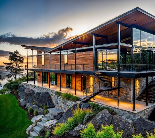 back of property at dusk featuring stairs and a patio