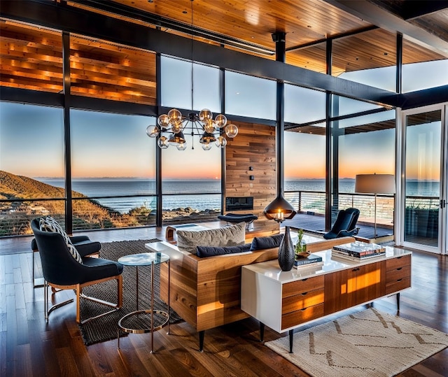 interior space with a water view