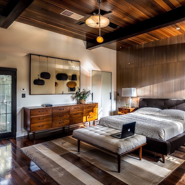 bedroom with beam ceiling, a high ceiling, dark wood-type flooring, wooden walls, and wooden ceiling
