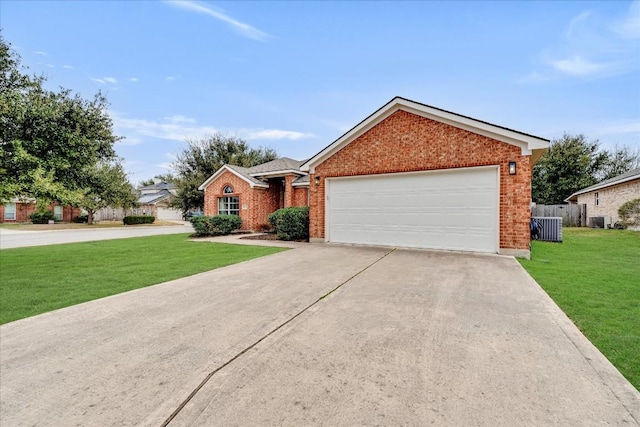 single story home with brick siding, concrete driveway, a front yard, central AC, and a garage