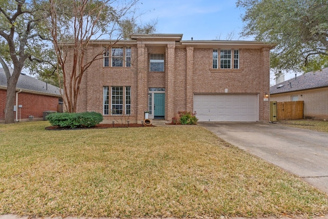 view of front of property featuring an attached garage, brick siding, fence, concrete driveway, and a front yard