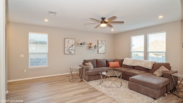6205 Conestoga Wagon Way, Del Valle, TX 78617 - living room with a ceiling fan, light wood-type flooring, baseboards, and recessed lighting