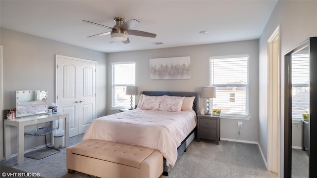 6205 Conestoga Wagon Way, Del Valle, TX 78617 - bedroom with baseboards, a closet, carpet floors, and ceiling fan