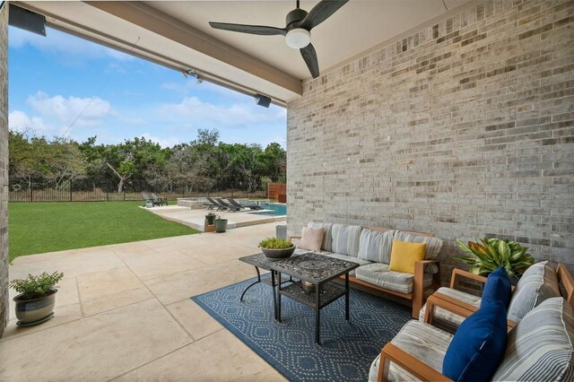 view of patio / terrace featuring an outdoor hangout area, ceiling fan, fence, and an outdoor pool