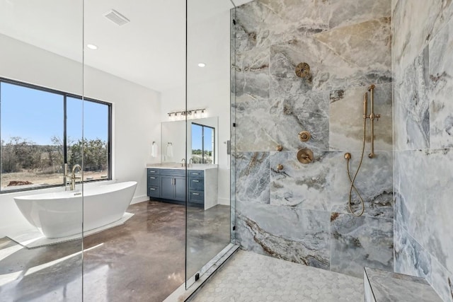 bathroom featuring visible vents, vanity, concrete flooring, a freestanding bath, and a walk in shower