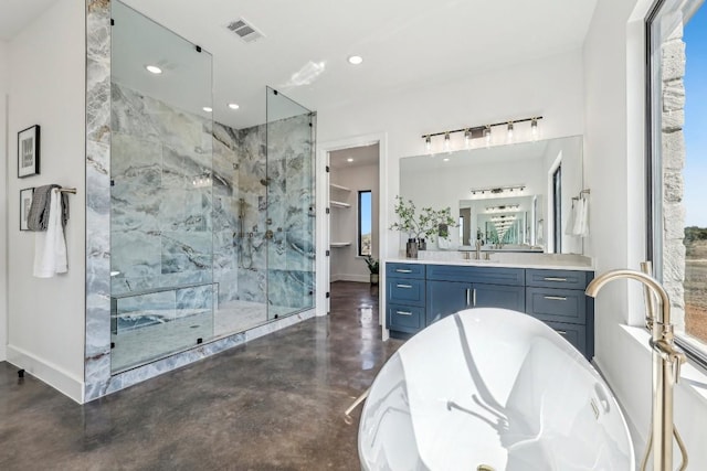 full bathroom featuring baseboards, a marble finish shower, visible vents, and a freestanding bath