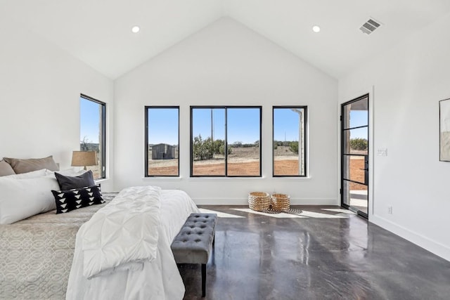 bedroom featuring high vaulted ceiling, recessed lighting, visible vents, baseboards, and finished concrete flooring