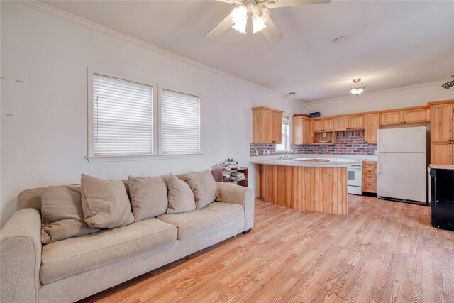 living room with ornamental molding, ceiling fan, and light wood-style flooring