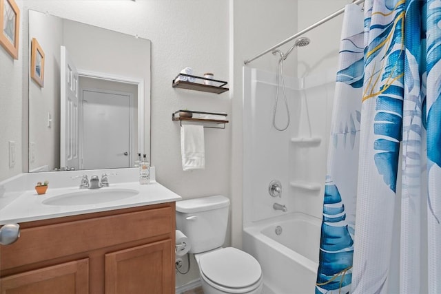 bathroom featuring toilet, shower / bathtub combination with curtain, and vanity