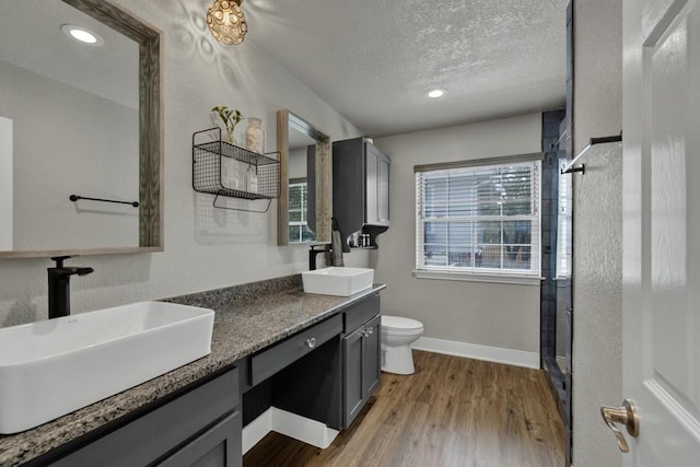 bathroom featuring toilet, a textured ceiling, a sink, and wood finished floors