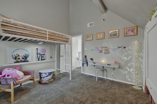 bedroom featuring visible vents, dark carpet, high vaulted ceiling, beamed ceiling, and baseboards