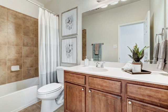 bathroom with visible vents, toilet, shower / bath combo with shower curtain, vanity, and tile patterned flooring