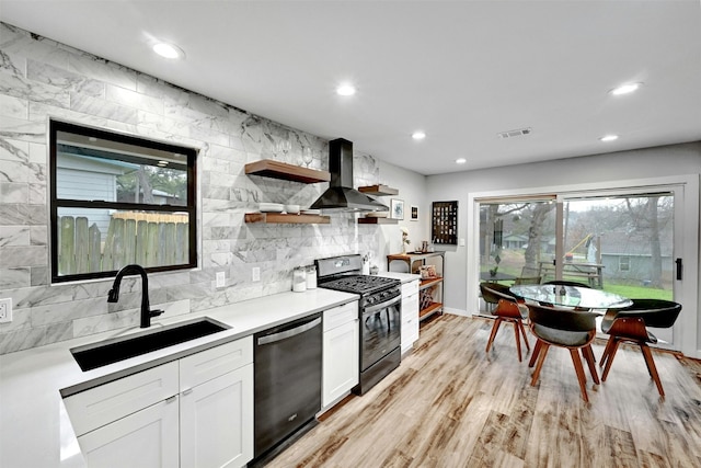 3010 Burleson Rd Unit A, Austin, TX 78741 - kitchen with stainless steel dishwasher, range with gas cooktop, wall chimney exhaust hood, open shelves, and backsplash