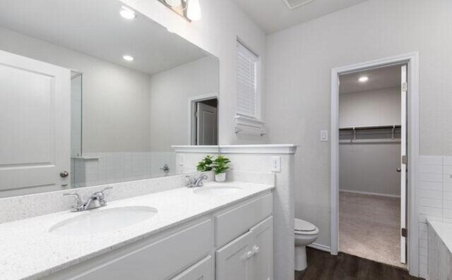 bathroom featuring toilet, double vanity, a sink, and a walk in closet