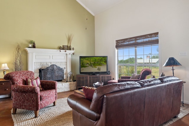 201 Hillview Cir, Dripping Springs, TX 78620 - living room with high vaulted ceiling, a fireplace, crown molding, and baseboards