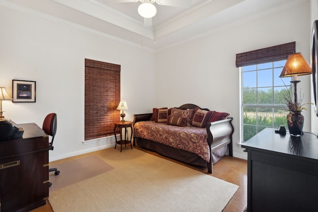 201 Hillview Cir, Dripping Springs, TX 78620 - bedroom with baseboards, an office area, crown molding, and ceiling fan