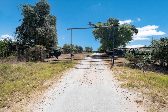 view of street featuring driveway, a gate, a gated entry, and a rural view