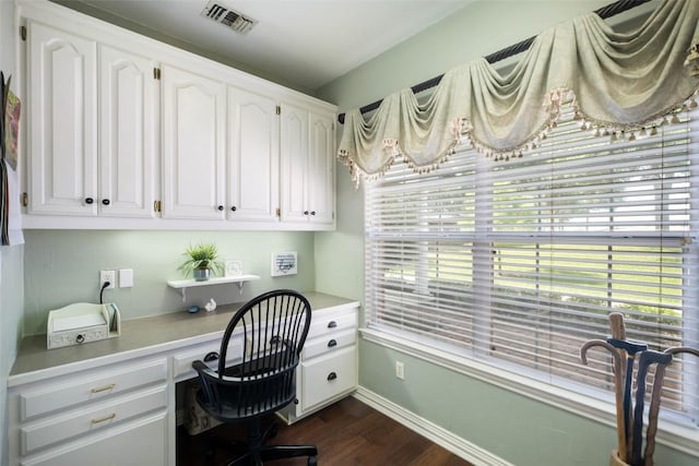 office area with built in desk, dark wood-type flooring, visible vents, and baseboards