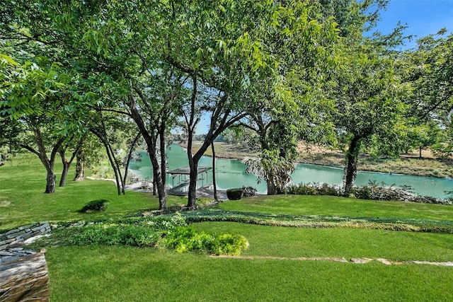 surrounding community featuring a lawn and a water view