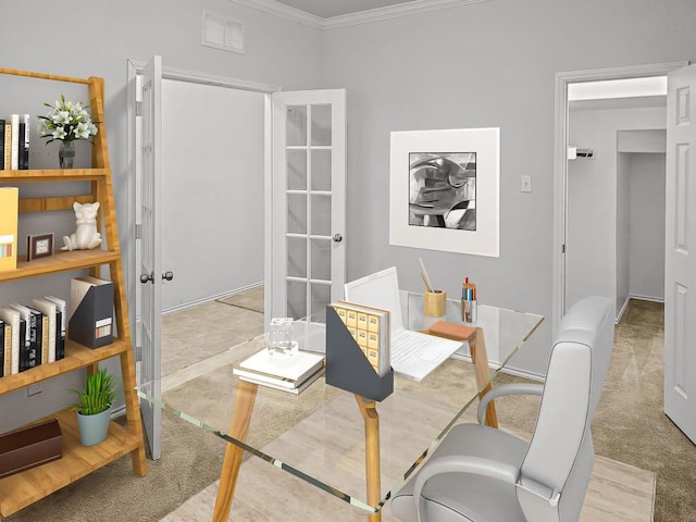 office space featuring crown molding, visible vents, and light colored carpet