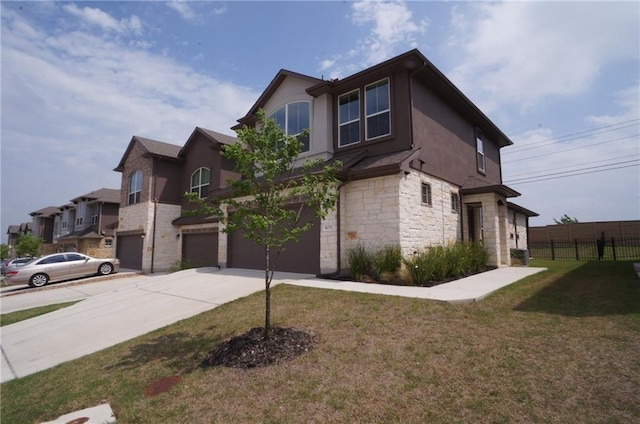 view of front of home featuring stucco siding, concrete driveway, a garage, stone siding, and a front lawn