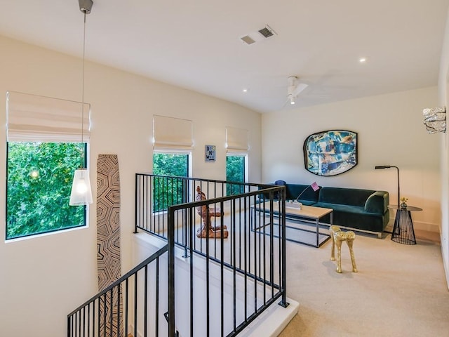 2312 W 8th St, Austin, TX 78703 - stairs featuring ceiling fan, carpet floors, and recessed lighting