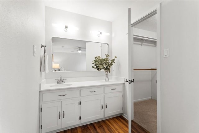 bathroom featuring a spacious closet, vanity, and wood finished floors