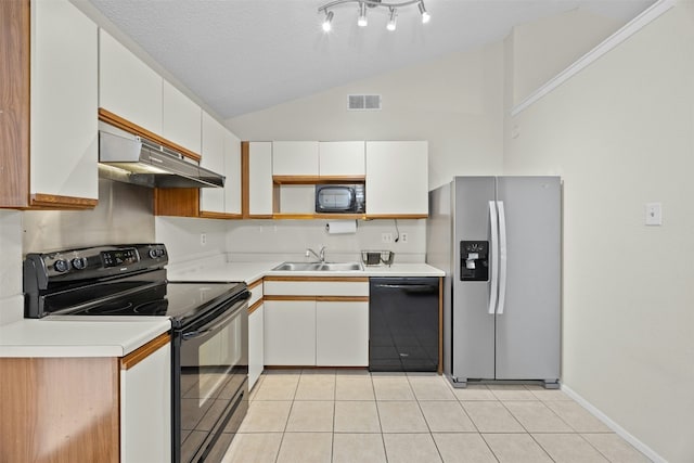 kitchen featuring white cabinets, under cabinet range hood, light countertops, black appliances, and a sink