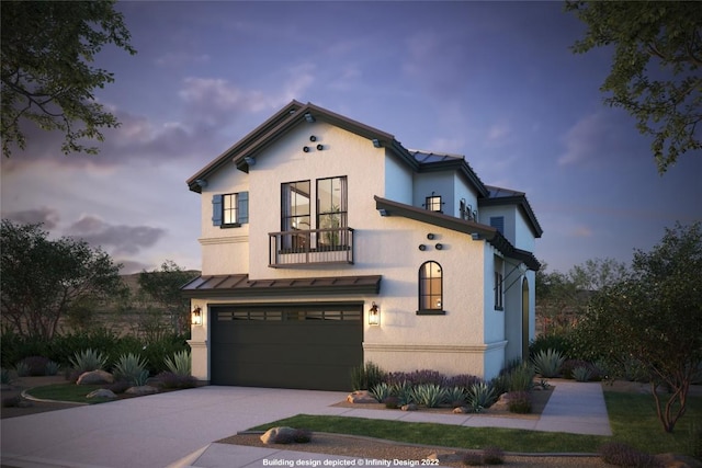 mediterranean / spanish-style home featuring a garage, concrete driveway, a standing seam roof, and stucco siding