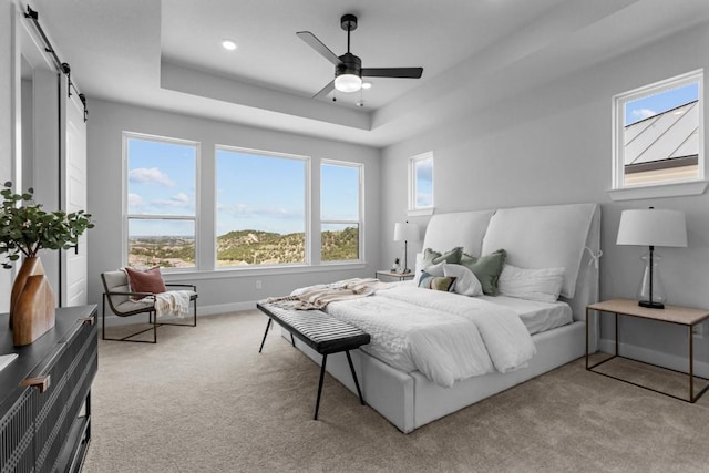 11 Doverland Dr, Lakeway, TX 78738 - bedroom featuring light carpet, a barn door, a raised ceiling, baseboards, and recessed lighting