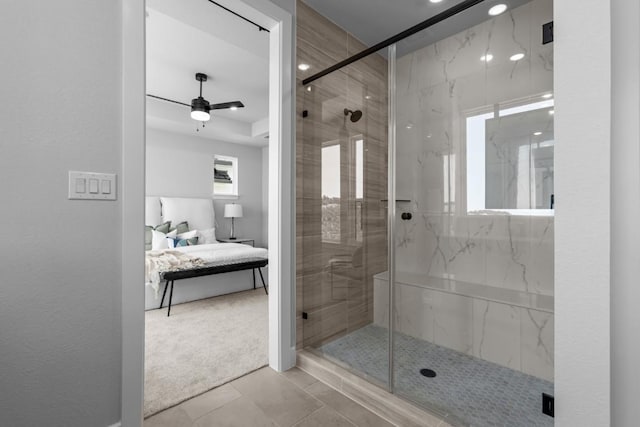 11 Doverland Dr, Lakeway, TX 78738 - full bathroom with connected bathroom, a marble finish shower, ceiling fan, and recessed lighting