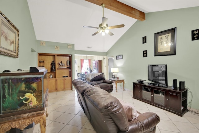 living area with high vaulted ceiling, light tile patterned floors, a ceiling fan, and beamed ceiling