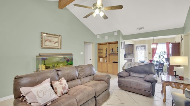 living area with light tile patterned floors, visible vents, a ceiling fan, high vaulted ceiling, and beam ceiling