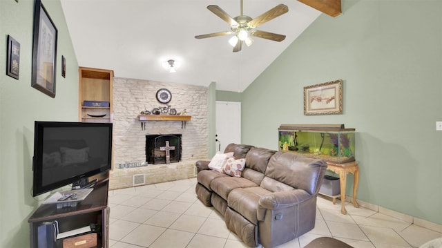 1713 Parkside Cir, Round Rock, TX 78664 - tiled living area with a ceiling fan, beamed ceiling, a fireplace, and high vaulted ceiling