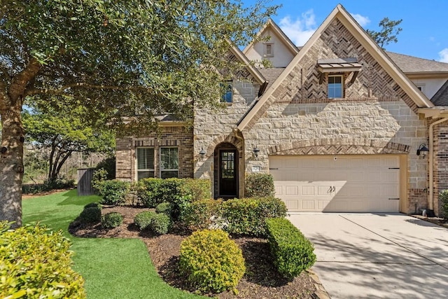 view of front of home featuring stone siding, concrete driveway, brick siding, and an attached garage