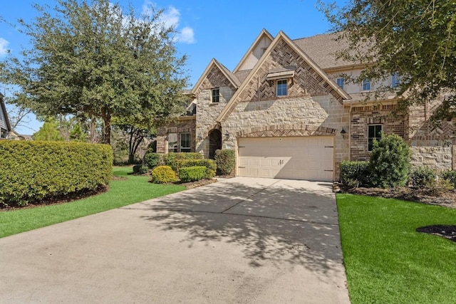 view of front of house with driveway, stone siding, a front lawn, and brick siding