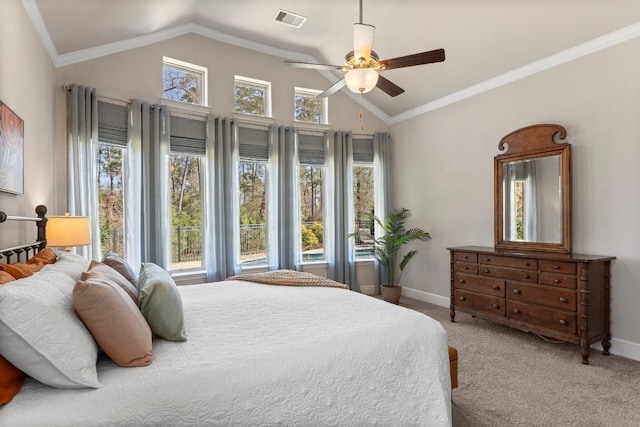 bedroom featuring ornamental molding, carpet, visible vents, and lofted ceiling