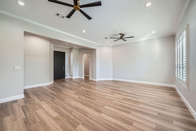 102 Blue Sky Ct, Georgetown, TX 78633 - spare room featuring ceiling fan, crown molding, light wood-type flooring, and recessed lighting