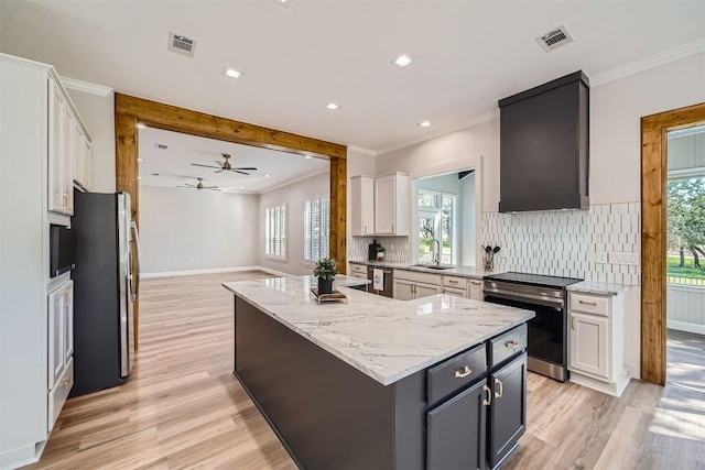 102 Blue Sky Ct, Georgetown, TX 78633 - kitchen featuring appliances with stainless steel finishes, white cabinets, light wood finished floors, backsplash, and crown molding