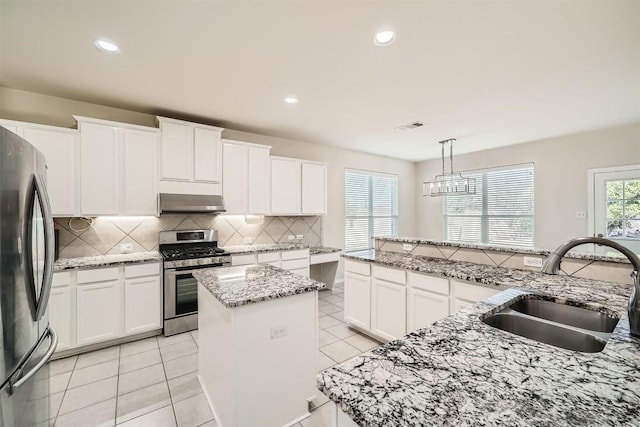 1003 Preserve Pl, Round Rock, TX 78665 - kitchen featuring appliances with stainless steel finishes, a sink, exhaust hood, a kitchen island, and tasteful backsplash