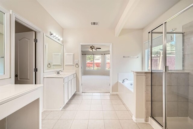 1003 Preserve Pl, Round Rock, TX 78665 - bathroom with a ceiling fan, vanity, tile patterned floors, and a stall shower