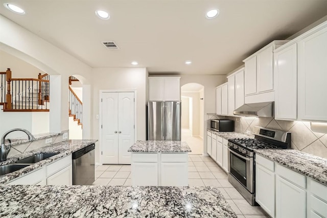 1003 Preserve Pl, Round Rock, TX 78665 - kitchen with stainless steel appliances, a sink, arched walkways, range hood, and light stone countertops