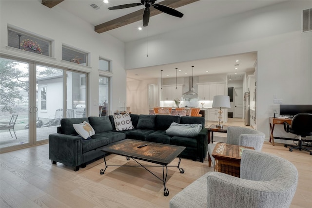 521 Wonderstruck, Liberty Hill, TX 78642 - living room featuring beamed ceiling, a ceiling fan, a towering ceiling, light wood-type flooring, and a desk