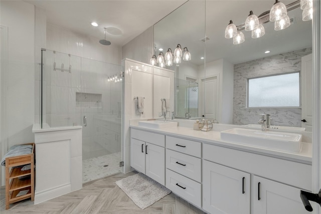 521 Wonderstruck, Liberty Hill, TX 78642 - bathroom featuring a shower stall, double vanity, and recessed lighting