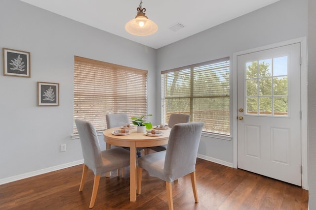 dining room with dark wood-type flooring, a healthy amount of sunlight, and baseboards